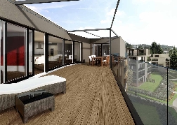 Grossz&uuml;gige Terrassen mit wirkungsvollem Beschattungssystem.